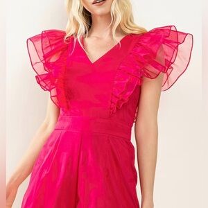 TCEC Hot pink Ruffled Pinafore Taffeta Feel Coquette Flirty Romantic Romper L